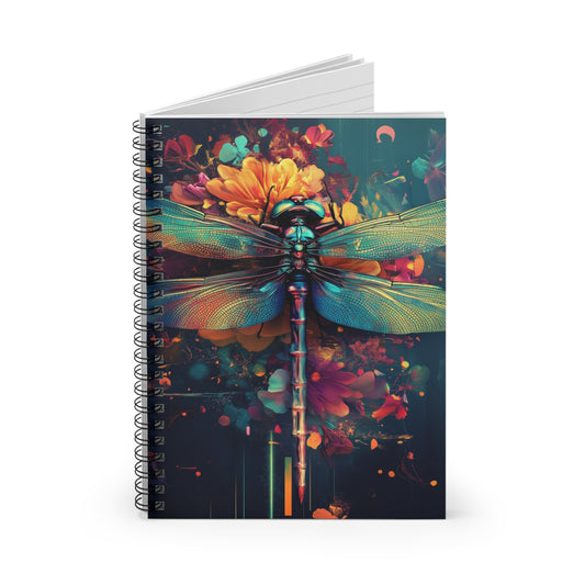 Dragonfly Spiral Notebook - Vibrant Ruled Line Journal for Artists and Nature Enthusiasts, Sketchbook, Planner, Abstract Floral Design, Gift