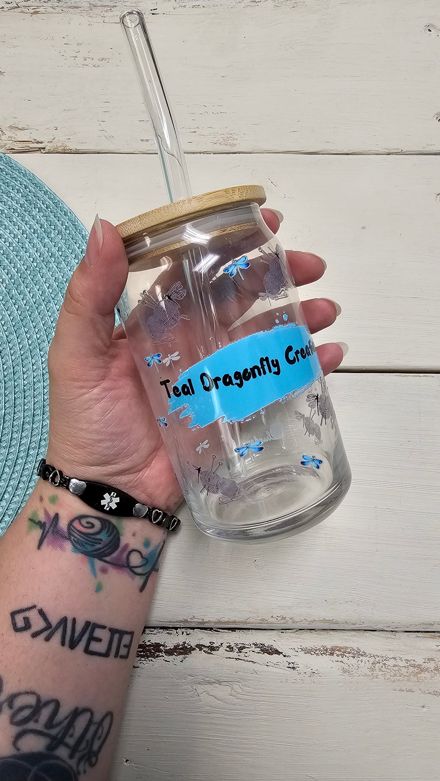 Teal Dragonfly Creations 16 oz. Glass Can Cup