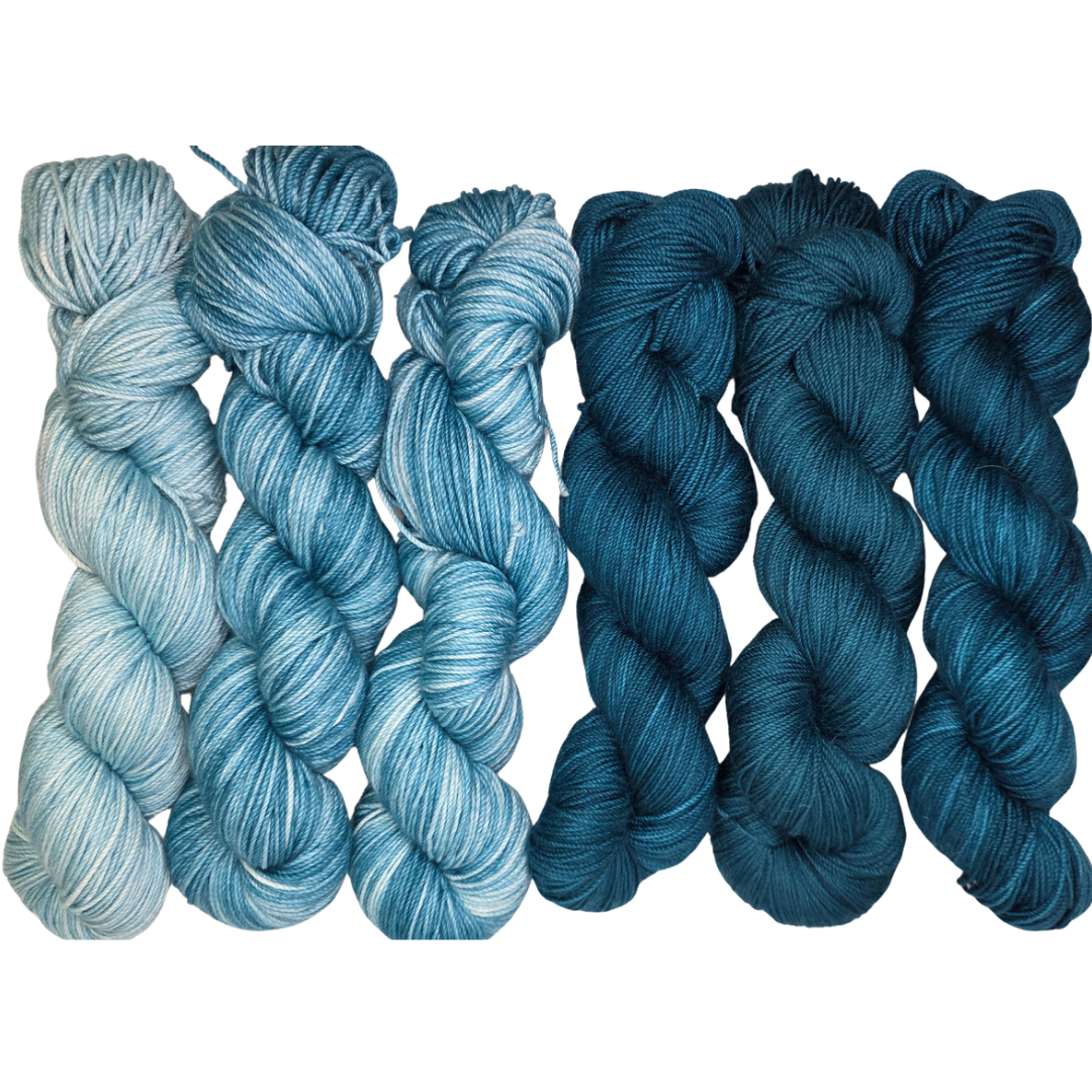 Hand-Dyed Sport Weight "Wings Over Teal Water" 6 Hank Collection - Soul Sisters Fibers