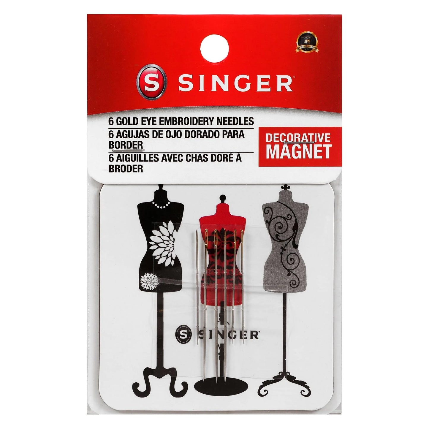 SINGER Gold Eye Embroidery Needles On Collectible Magnet - 6/Pkg Dressform Magnet